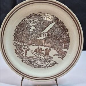 Vtg Unmarked Currier & Ives Brown Stripe Dinner Plate Equestrian Winter 3